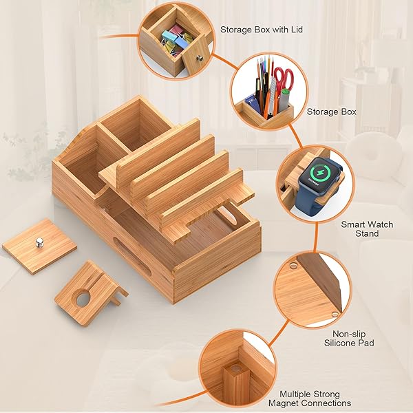 Pezin & Hulin Multi-Device Bamboo Charging Station: 5-Port USB Dock with Cables & Smart Watch Stand for Office Organization - View 5 of 10