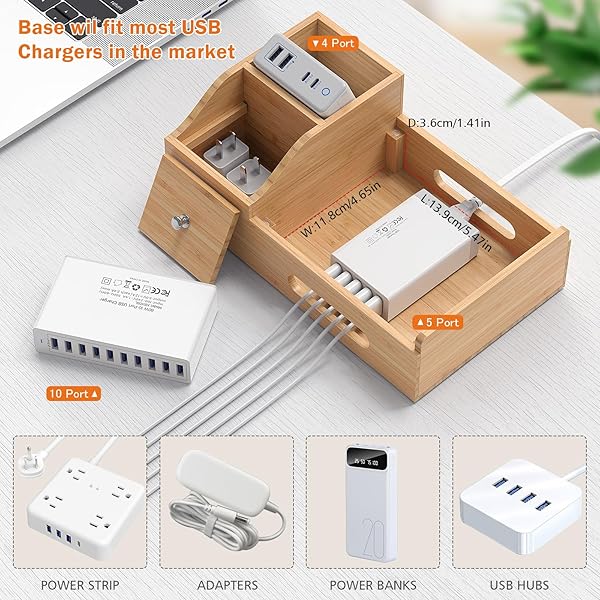 Pezin & Hulin Multi-Device Bamboo Charging Station: 5-Port USB Dock with Cables & Smart Watch Stand for Office Organization - View 6 of 10