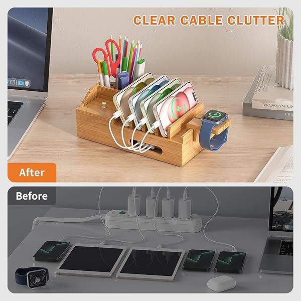 Pezin & Hulin Multi-Device Bamboo Charging Station: 5-Port USB Dock with Cables & Smart Watch Stand for Office Organization - View 7 of 10