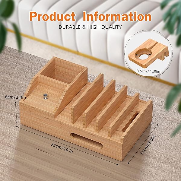 Pezin & Hulin Multi-Device Bamboo Charging Station: 5-Port USB Dock with Cables & Smart Watch Stand for Office Organization - View 8 of 10
