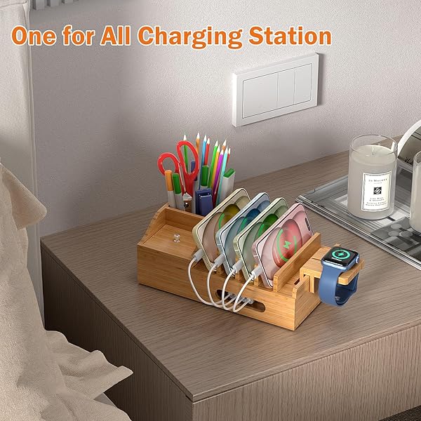 Pezin & Hulin Multi-Device Bamboo Charging Station: 5-Port USB Dock with Cables & Smart Watch Stand for Office Organization - View 9 of 10