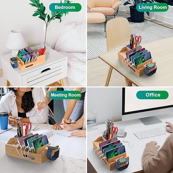 Pezin & Hulin Multi-Device Bamboo Charging Station: 5-Port USB Dock with Cables & Smart Watch Stand for Office Organization - View 10 of 10