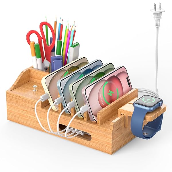 Pezin & Hulin Multi-Device Bamboo Charging Station: 5-Port USB Dock with Cables & Smart Watch Stand for Office Organization - View 2 of 10