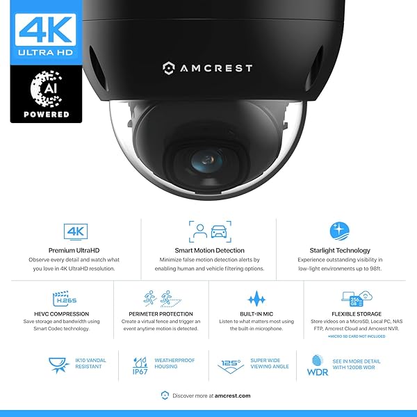 Amcrest Amcrest UltraHD 4K Dome POE IP Camera: 8MP, Night Vision, Weatherproof, 256GB Storage - Best Security Solution - View 3 of 9