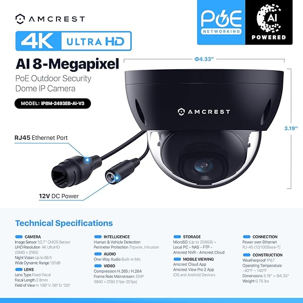 Amcrest Amcrest UltraHD 4K Dome POE IP Camera: 8MP, Night Vision, Weatherproof, 256GB Storage - Best Security Solution - View 8 of 9