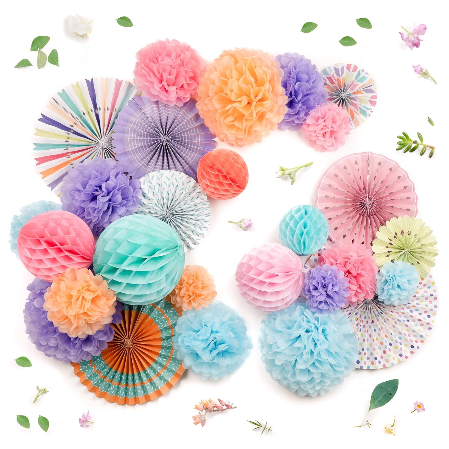 PapaKit PapaKit Deluxe Origami Large Wall Decoration Set 26 Piece Assorted Paper Fans Pom-poms for Birthday Party Baby Shower Wedding Events Decor