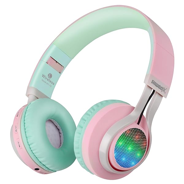 Riwbox Riwbox WT-7S Bluetooth Headphones: Light-Up, Foldable Wireless Headset with Mic for PC, Tablet, TV & Travel (Pink Green) - View 3 of 8