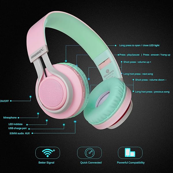 Riwbox Riwbox WT-7S Bluetooth Headphones: Light-Up, Foldable Wireless Headset with Mic for PC, Tablet, TV & Travel (Pink Green) - View 4 of 8