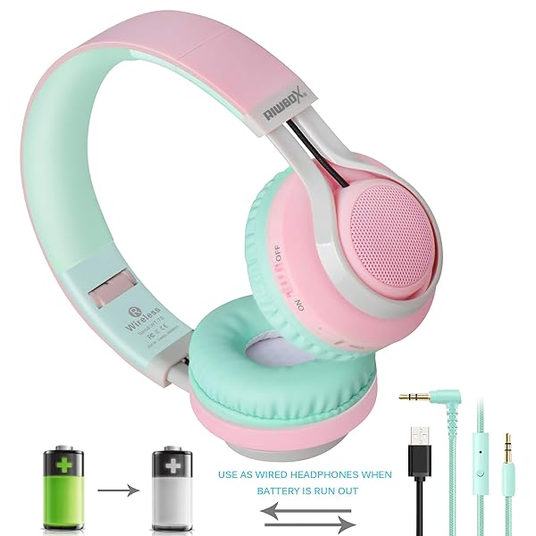 Riwbox Riwbox WT-7S Bluetooth Headphones: Light-Up, Foldable Wireless Headset with Mic for PC, Tablet, TV & Travel (Pink Green) - View 5 of 8