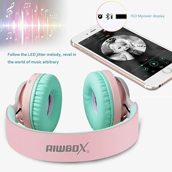 Riwbox Riwbox WT-7S Bluetooth Headphones: Light-Up, Foldable Wireless Headset with Mic for PC, Tablet, TV & Travel (Pink Green) - View 6 of 8