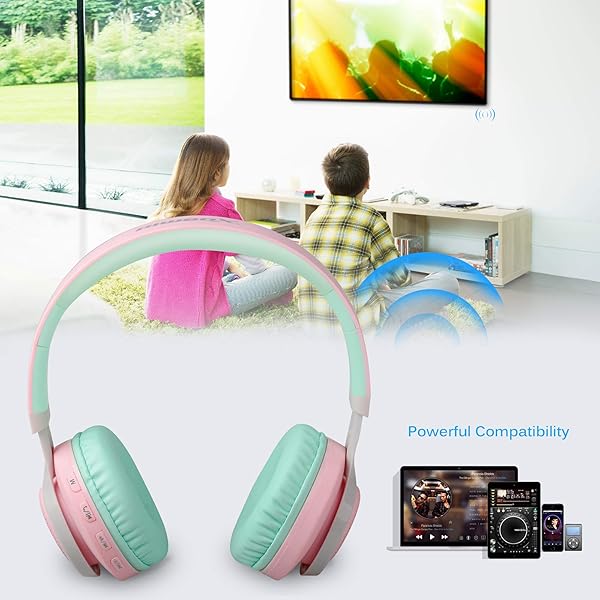 Riwbox Riwbox WT-7S Bluetooth Headphones: Light-Up, Foldable Wireless Headset with Mic for PC, Tablet, TV & Travel (Pink Green) - View 8 of 8