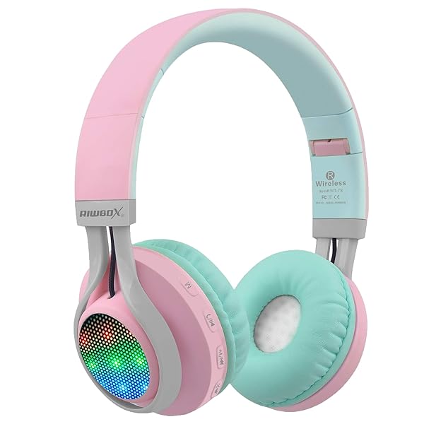 Riwbox Riwbox WT-7S Bluetooth Headphones: Light-Up, Foldable Wireless Headset with Mic for PC, Tablet, TV & Travel (Pink Green)