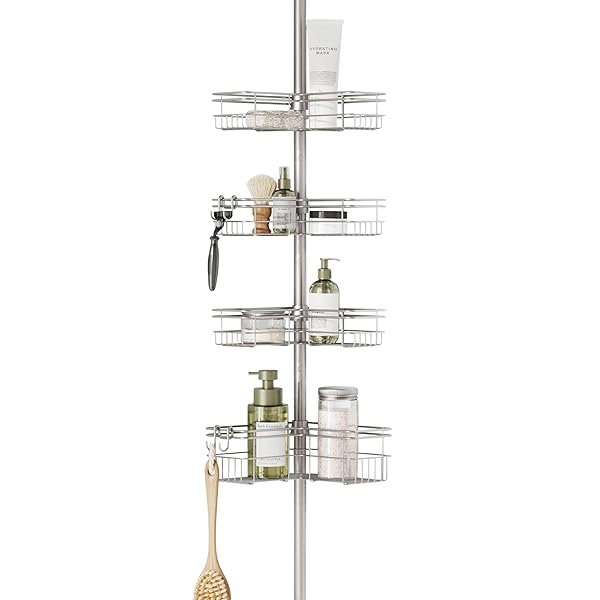 Zenna Home Zenna Home Tension Pole Shower Caddy: Adjustable 4-Shelf Organizer in Satin Nickel for Bath Essentials
