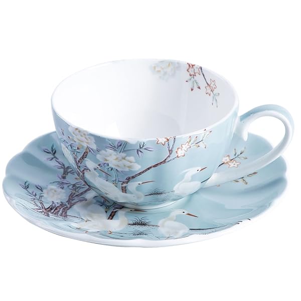 ufengke Ufengke 8oz Blue Fine Bone China Coffee Cup & Saucer - Elegant White Flowers & Crane Design