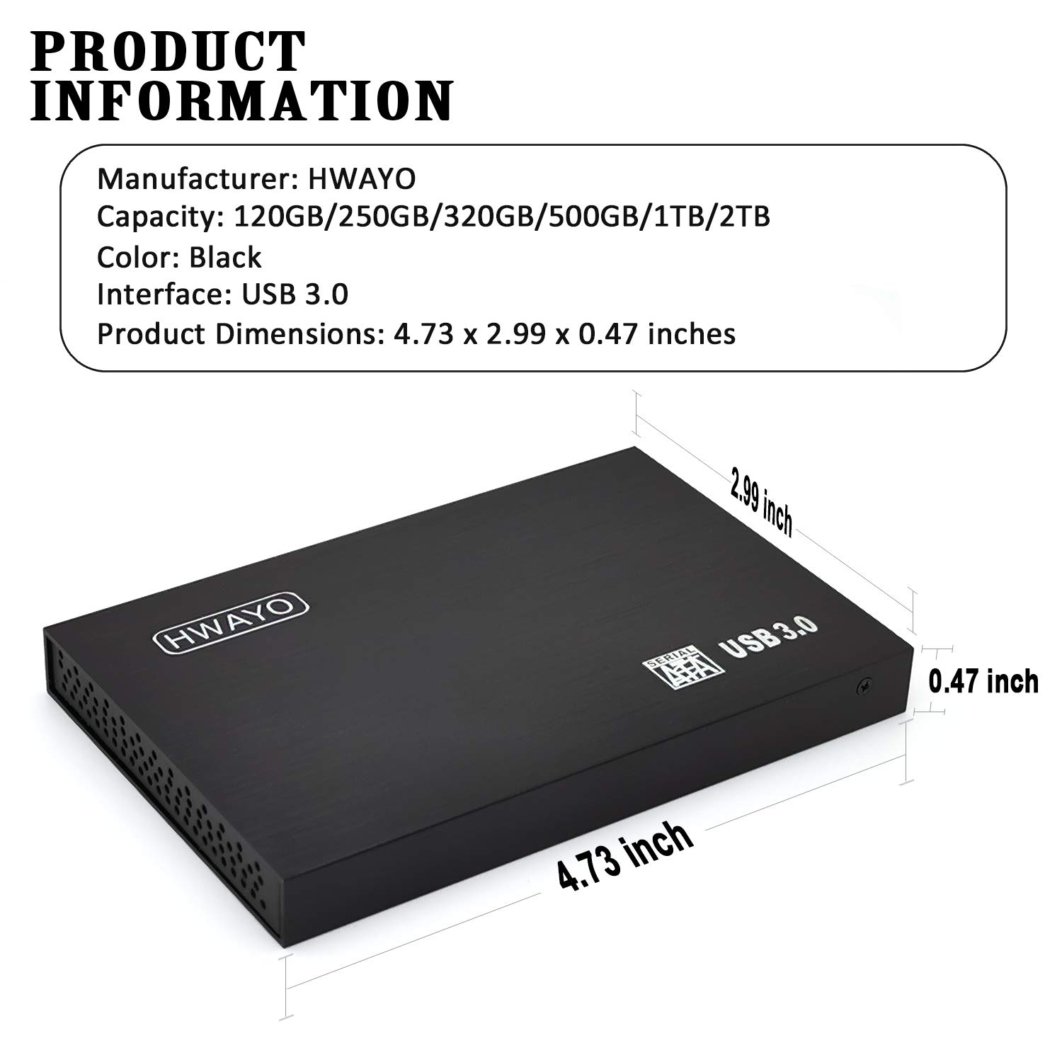 HWAYO HWAYO 160GB Ultra Slim Portable External Hard Drive USB 3.0 for PC Desktop Laptop MacBook Chromebook Black - View 2 of 6