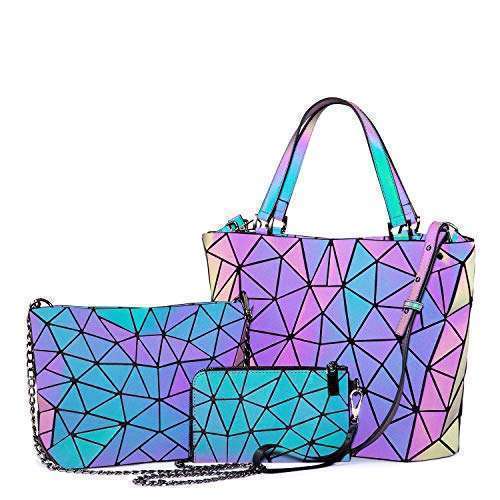 LOVEVOOK Shop Geometric Luminous Purses & Holographic Handbags for Women - 3PCS Reflective Crossbody Bag Set