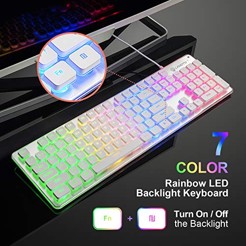 LANGTU LANGTU Rainbow LED Gaming Keyboard - Quiet USB Wired, 25 Anti-Ghosting Keys, All-Metal Design for Office & Gaming - L1 White/Silver - View 3 of 8
