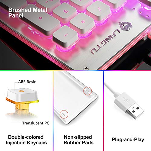 LANGTU LANGTU Rainbow LED Gaming Keyboard - Quiet USB Wired, 25 Anti-Ghosting Keys, All-Metal Design for Office & Gaming - L1 White/Silver - View 4 of 8