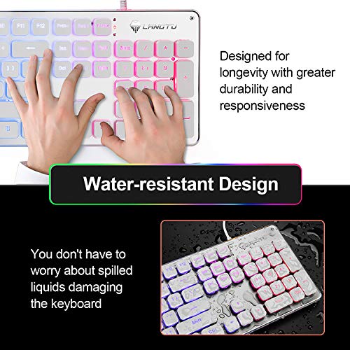 LANGTU LANGTU Rainbow LED Gaming Keyboard - Quiet USB Wired, 25 Anti-Ghosting Keys, All-Metal Design for Office & Gaming - L1 White/Silver - View 5 of 8