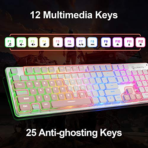LANGTU LANGTU Rainbow LED Gaming Keyboard - Quiet USB Wired, 25 Anti-Ghosting Keys, All-Metal Design for Office & Gaming - L1 White/Silver - View 7 of 8