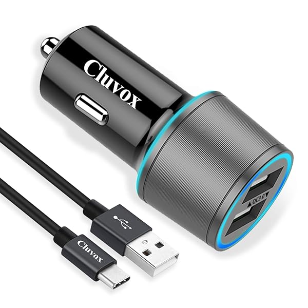 Cluvox Fast USB C Car Charger for Samsung Galaxy S23/S22/S21/Note 20 - Quick Charge 3.0 Dual USB 18W + 6.6ft Type C Cable