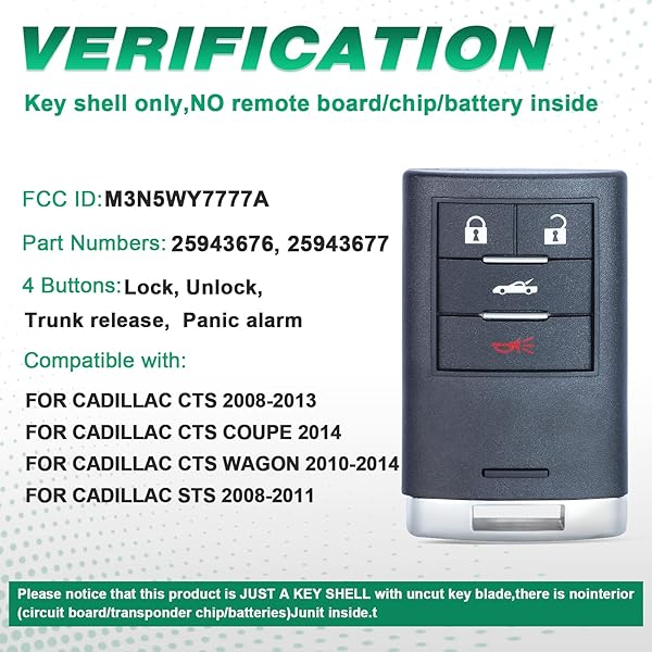 Beefunny Beefunny Replacement Smart Remote Car Key Shell Case Fob for Cadillac XLR Chevrolet Corvette M3N5WY7777A - View 4 of 6