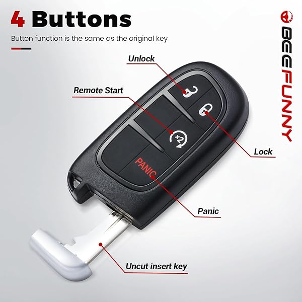 Beefunny Beefunny Replacement Remote Start Smart Car Key Fob for Jeep Cherokee 2014-2019 433MHz 4A Chip FCC ID GQ4-54T - View 4 of 8