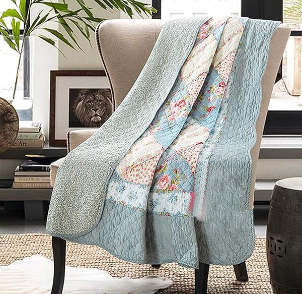 Cozyholy Cozyholy 100% Cotton Twin Patchwork Quilt - Reversible Blue Floral Bedspread & Vintage Shabby Chic Throw Blanket