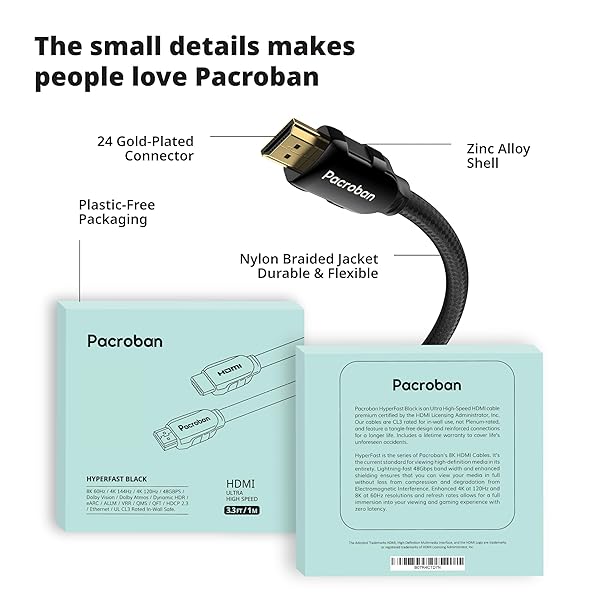 Pacroban Pacroban 3ft HDMI 2.1 Cable for Laptop to Monitor - 8K 60Hz, 4K 120Hz, Ultra High Speed, Braided, eARC, 48Gbps, HDR, DTS:X - View 5 of 11