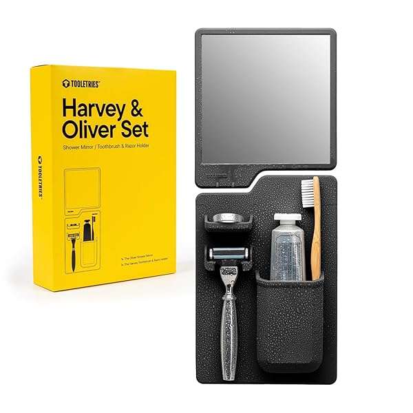 TOOLETRIES Tooletries Harvey & Oliver Set: Silicone Shower Organizer with Toothbrush & Razor Holder, Anti-Fog Mirror - Charcoal