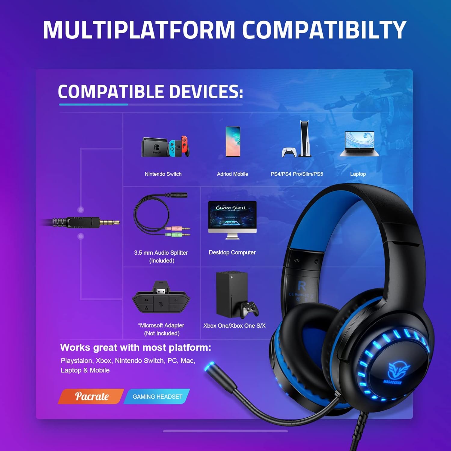 Pacrate Pacrate Gaming Headset for PS5 PS4 Xbox One Nintendo Switch PC Mac with Microphone LED Lights Noise Cancelling for Kids and Adults Blue - View 4 of 6