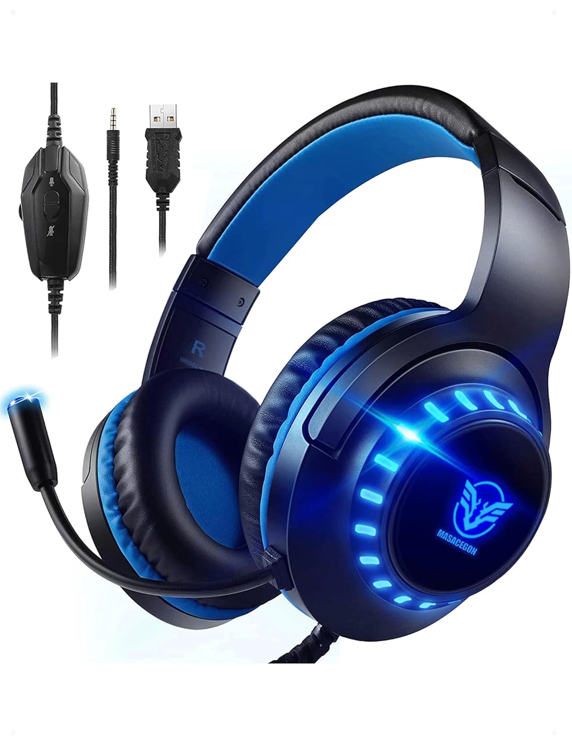 Pacrate Pacrate Gaming Headset for PS5 PS4 Xbox One Nintendo Switch PC Mac with Microphone LED Lights Noise Cancelling for Kids and Adults Blue