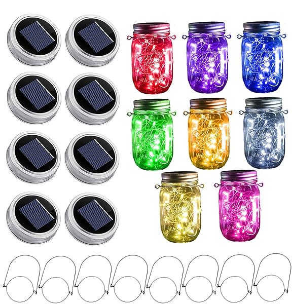 StarryMine StarryMine Solar Mason Jar Lights 8 Pack Waterproof Fairy String Lights for Patio Garden Wedding Decoration 10 LED 8 Colors
