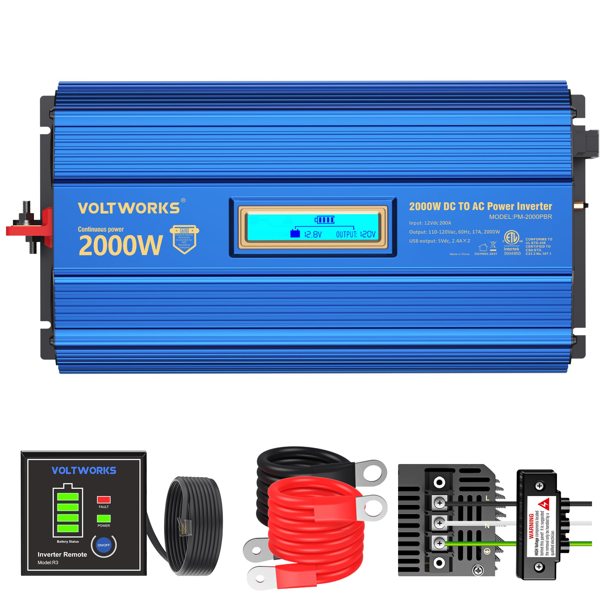 VOLTWORKS VOLTWORKS 2000W Power Inverter DC 12V to AC 120V for Off-Grid Solar, RV, Truck & Boat - ETL Certified with LCD & USB Ports