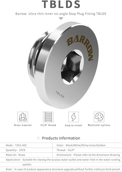 Barrow Barrow G1/4 Thin Stop Plug Fitting Internal Hex Socket Silver Shiny for Efficient Fluid Control - View 2 of 3