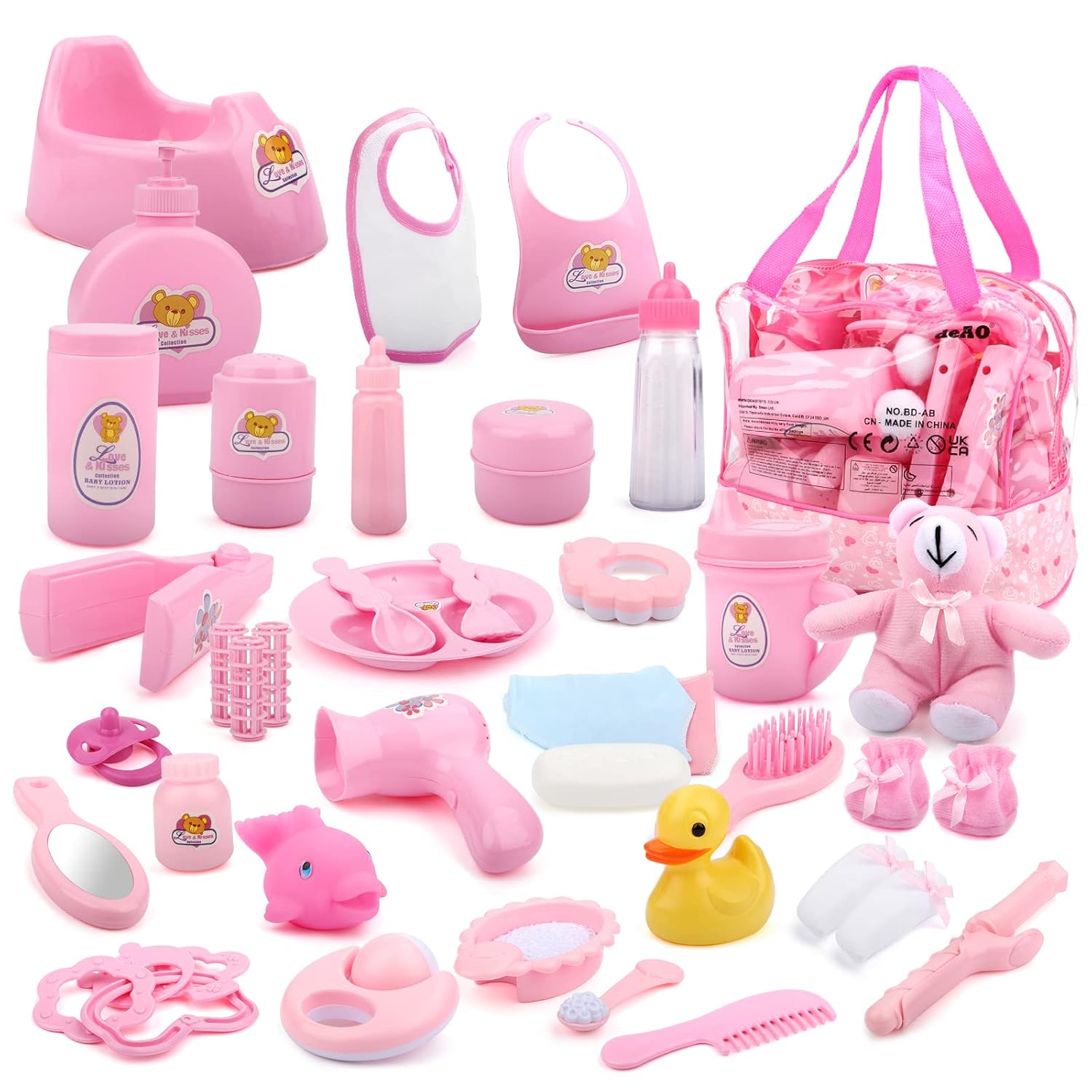 deAO deAO 40 Piece Baby Doll Accessories Set with Feeding Clothes Bath Toys and More for Nurturing Pretend Play Fun for Kids
