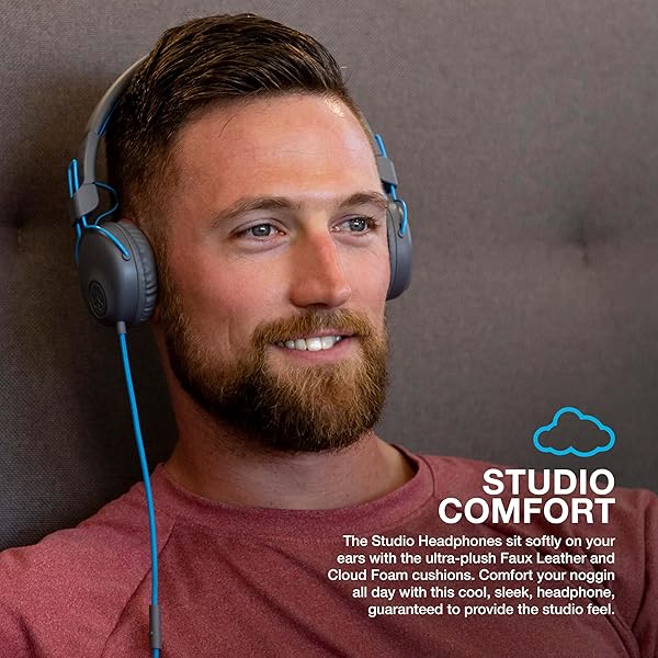 JLab JLab Studio On-Ear Headphones: Tangle-Free, Ultra-Plush, 40mm Drivers - Gray/Blue Comfort & Quality Sound - View 3 of 7