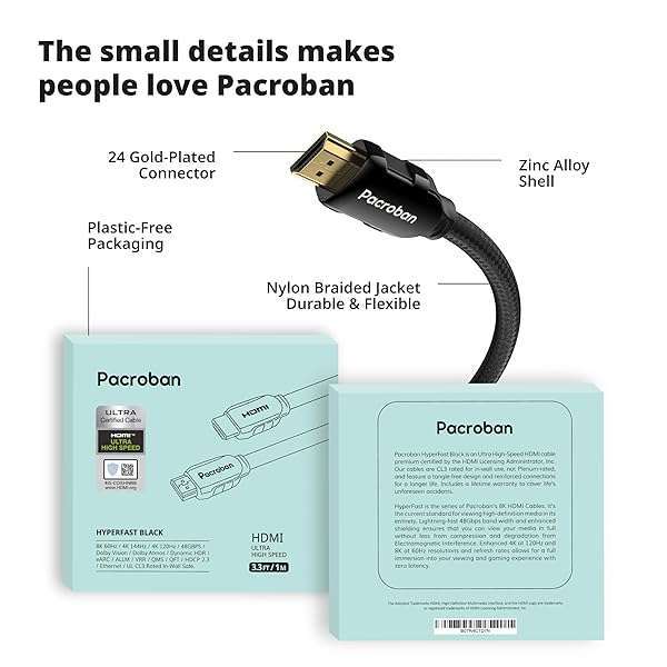 Pacroban 8K HDMI ARC/eARC Cable for Soundbar 6.6FT/2M HDMI 2.1 Cable 48Gbps Ultra High Speed Cable in-Wall Safe, 4K 120Hz, Supports Dynamic HDR, HDCP, Dolby Atmos for Vizio Samsung Bose Sound Bars - View 4 of 10