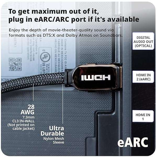 Pacroban 8K HDMI ARC/eARC Cable for Soundbar 6.6FT/2M HDMI 2.1 Cable 48Gbps Ultra High Speed Cable in-Wall Safe, 4K 120Hz, Supports Dynamic HDR, HDCP, Dolby Atmos for Vizio Samsung Bose Sound Bars - View 8 of 10