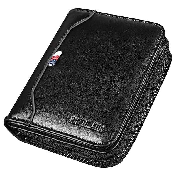 HUANLANG HUANLANG Men's RFID Blocking Bifold Wallet - Compact Leather Multi Card Holder with Zipper