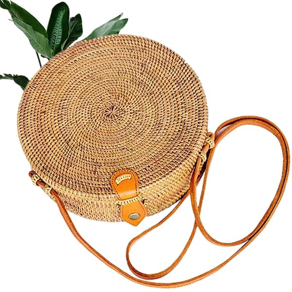 Kbinter Handmade Kbinter Round Rattan Straw Bag for Women - Chic Boho Shoulder Purse with Leather Straps