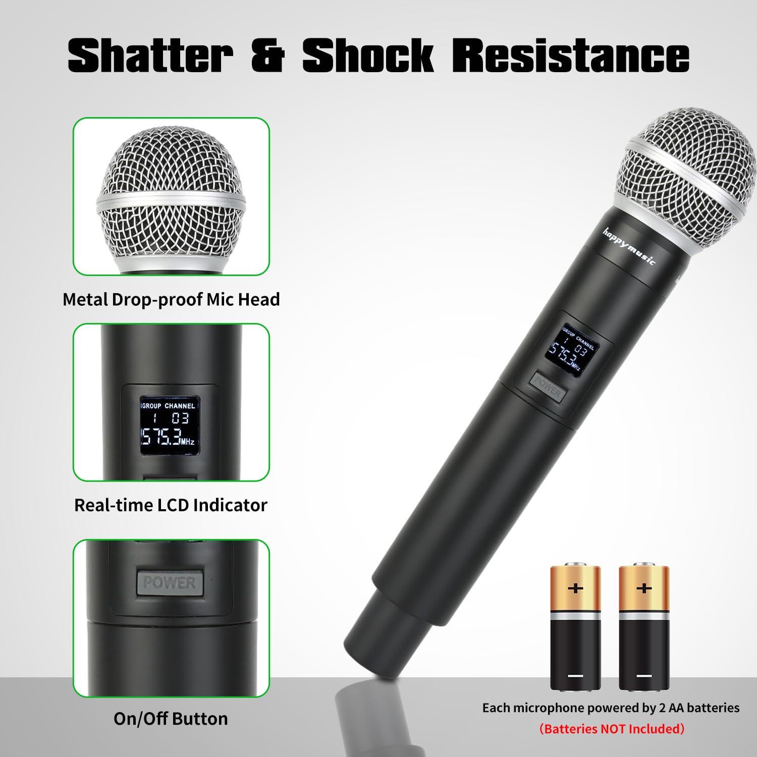 Happymusic Professional UHF 2 Channel Wireless Microphone System Cordless Handheld Mic Set for DJ Church Wedding Event Singing Home Karaoke - View 3 of 7