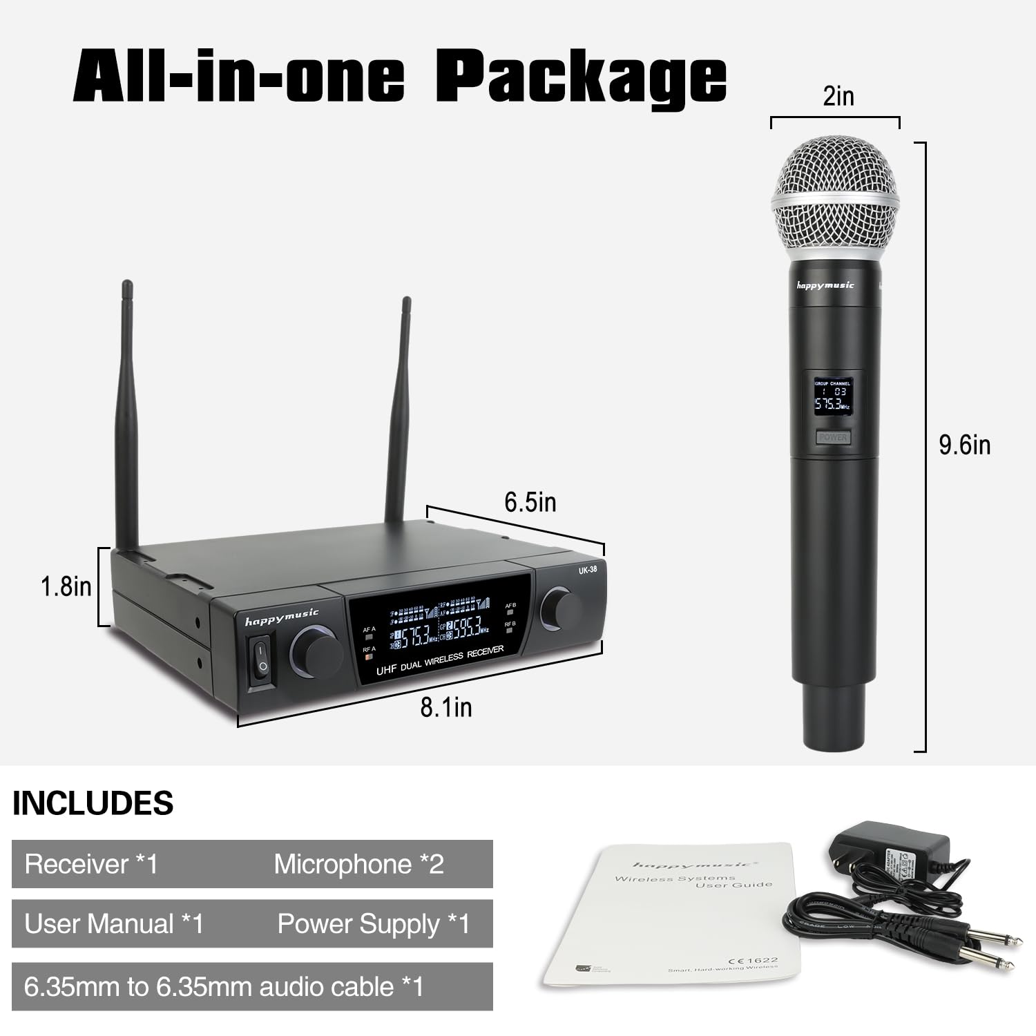 Happymusic Professional UHF 2 Channel Wireless Microphone System Cordless Handheld Mic Set for DJ Church Wedding Event Singing Home Karaoke - View 7 of 7