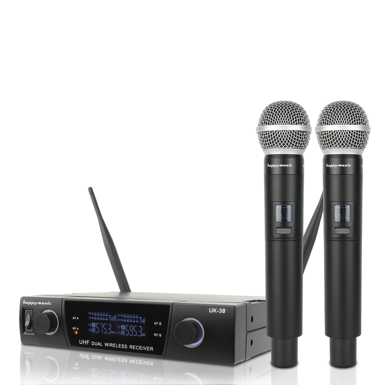 Happymusic Professional UHF 2 Channel Wireless Microphone System Cordless Handheld Mic Set for DJ Church Wedding Event Singing Home Karaoke