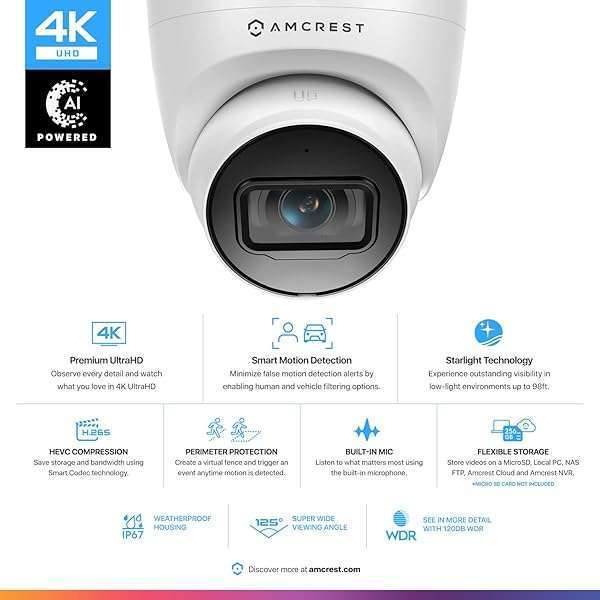 Amcrest Amcrest UltraHD 4K Outdoor Security Camera: 8MP, Night Vision, PoE, Weatherproof, MicroSD Recording - View 4 of 10