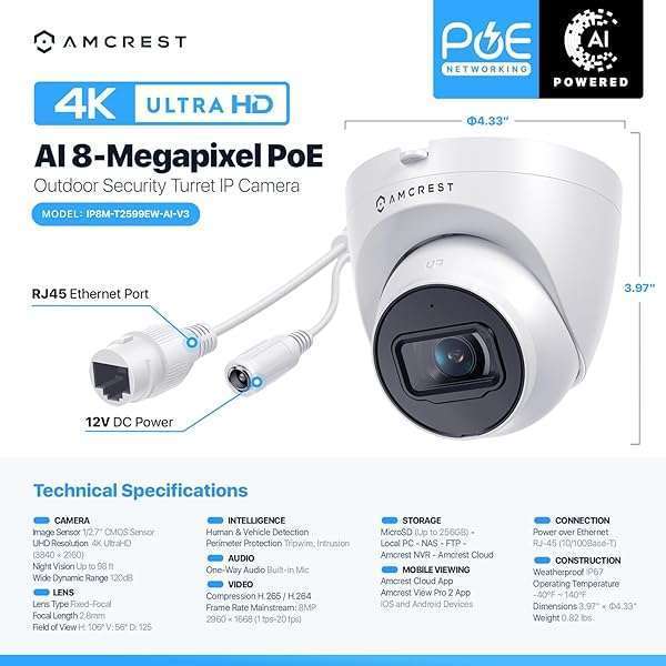 Amcrest Amcrest UltraHD 4K Outdoor Security Camera: 8MP, Night Vision, PoE, Weatherproof, MicroSD Recording - View 9 of 10
