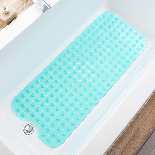 TEESHLY TEESHLY Extra Long Non-Slip Bathtub Mat 39x16 Inch - Machine Washable Shower Mat with Drain Holes & Suction Cups (Clear Turquoise)