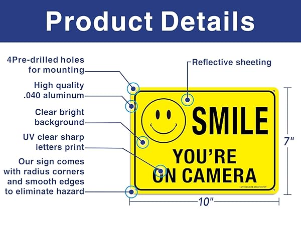 Faittoo Faittoo 4 Pack Smile You're On Camera Signs - Durable 10x7 Reflective Aluminum for Indoor/Outdoor CCTV Security - View 4 of 9