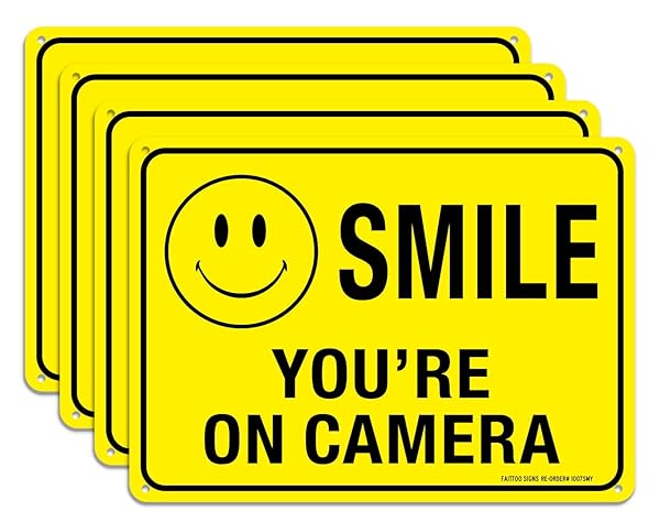 Faittoo Faittoo 4 Pack Smile You're On Camera Signs - Durable 10x7 Reflective Aluminum for Indoor/Outdoor CCTV Security