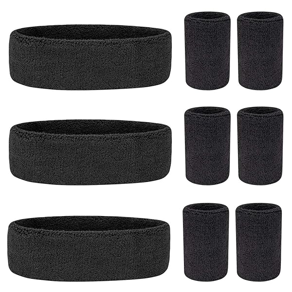 Awpeye Wristbands Sweatband Set 9 Pieces with 3 Headbands and 6 Wristbands in Black for Sports and Fitness